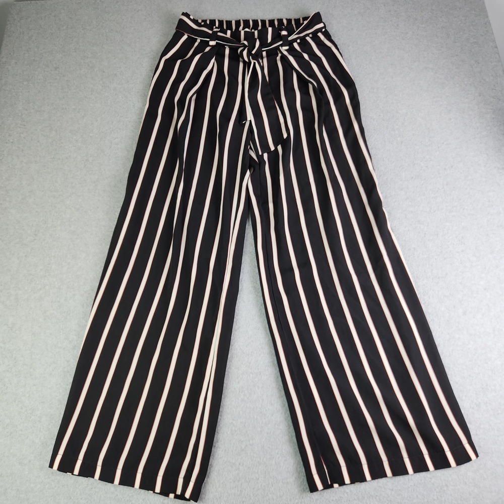 Urban Romantics Pants Womens Medium Black Striped‎ Wide Leg High Waist Tie Belt